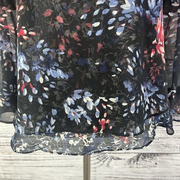White House Black Market Blouse Tunic sz 4 Black Blue Pink Floral Sheer Ruffles - Picture 5 of 9